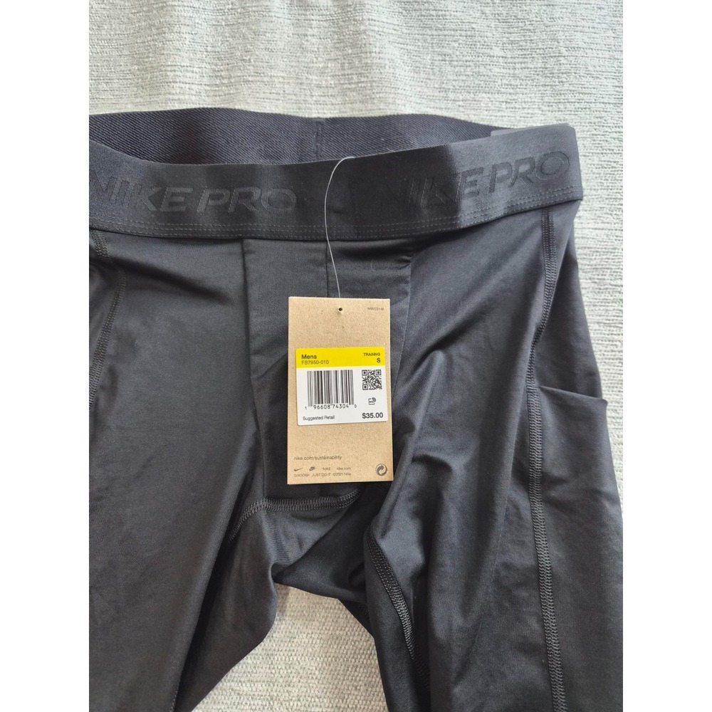 Nike Pro Dri Fit Pants Mens Small Black Tight Fit Swoosh Logo Stretch Training - Picture 8 of 13